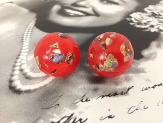 Stunning Pair Of Bright Orange Confetti Lucite Ea… - image 3