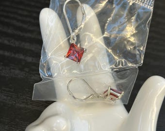 New Vintage 925 Sterling Silver and Garnet Color Leverback Drop Earrings ~ Never Worn In The Sealed Package and Original Box By Avon