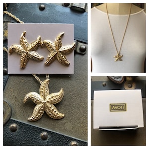 New Vintage Gold Starfish Necklace and Earrings Set ~ Avon Starfish Pendant and Earrings Set ~ Pristine On The Original Card ~ FREE Shipping