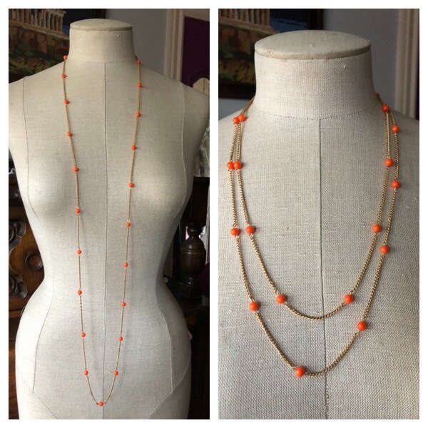 Vintage Celebrity NY Long Gold Chain Orange Lucite Bead Necklace ~ Wear It Long Or Wrapped Around Twice ~ Orange Beads On A Gold Chain