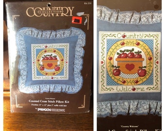 Vintage 1985 Country Collection Counted Cross Stitch Pillow Kit ~ Needlepoint Country Welcome Pillow Kit ~ Kit 2151 ~ FREE Shipping