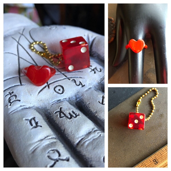 Fabulous Vintag Marbled Cherry Red Heart Bakelite Ring Size 5.25 And A Bakelite Dice  Keychain ~ You Get Both Bakelite Ring & Bakelite Dice!