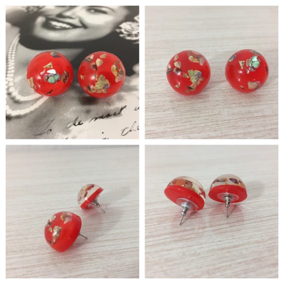 Stunning Pair Of Bright Orange Confetti Lucite Ea… - image 1