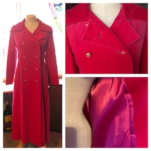Stunning Vintage Long Hot Pink Velvet Double Breasted Evening Coat With An Empire Waist And Pink Pearly Buttons ~ Size Small ~ FREE Shipping