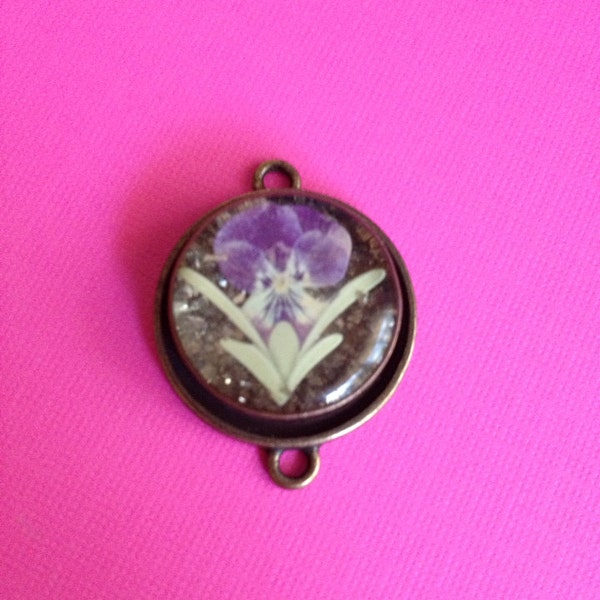Pretty Gold Glitter Lucite Pendant With A Purple Flower Encased Within ~ Jewelry Pieces And Findings For Jewelry Making ~ Hope Knows Vintage