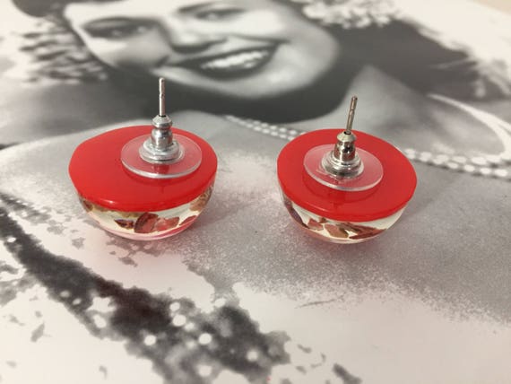 Stunning Pair Of Bright Orange Confetti Lucite Ea… - image 7