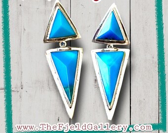 Vintage Turquoise Geometric Pyramid Triangle Modernist Sterling Dangle Earrings