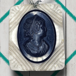 Antique Black & Clear Lucite Cameo Mourning Necklace