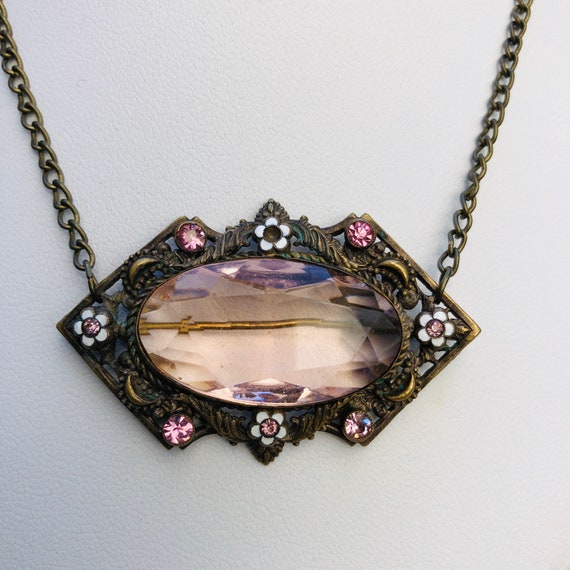 Czechoslovakian Brass Enamel & Pink Faceted Art G… - image 6