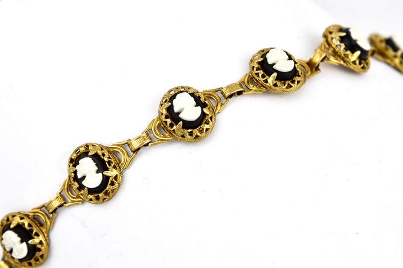 Victorian Vermille Mourning Cameo Black /& White Molded Glass in Sterling Link Bracelet