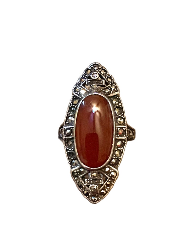 Carnelian & Marcasite Art Deco Sterling Silver and Marcasite Ring image 6