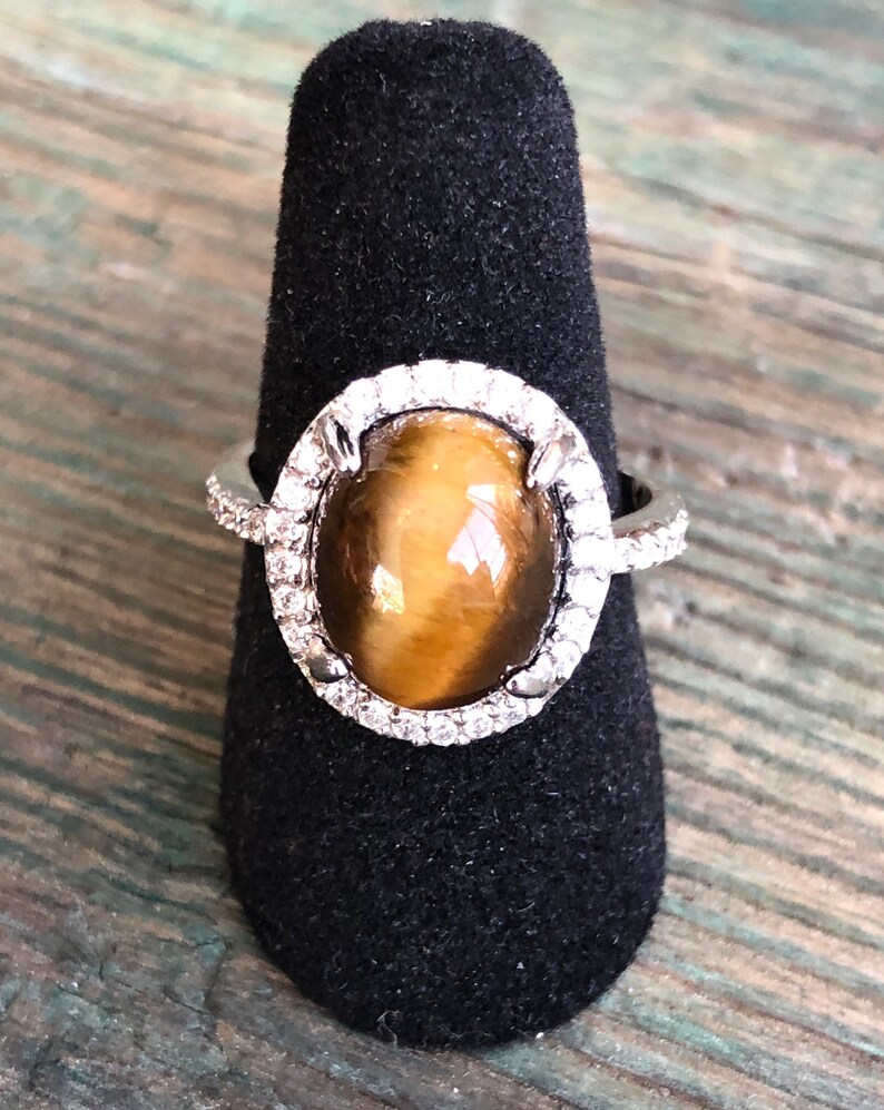 Unique Vintage Tigers Eye Gemstone Surrounded with Prong Set Zircon Sterling Silver Ring