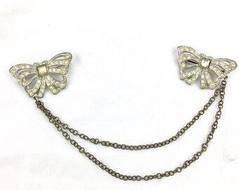 Art Deco 1920's Rhodium Pot Metal Crystal Rhinestone Butterfly Bow Double Brooch Sweater Clip