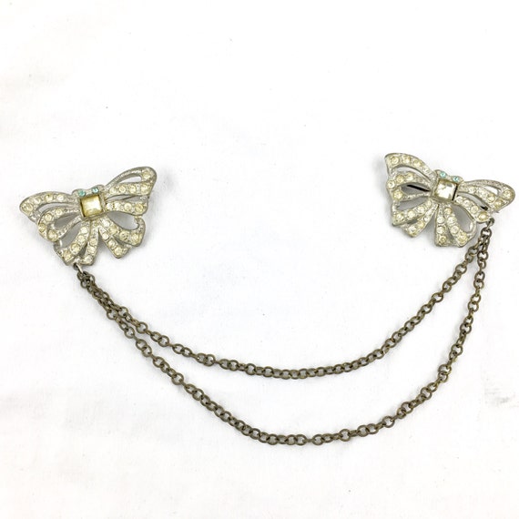 Art Deco 1920's Rhodium Pot Metal Crystal Rhinestone Butterfly Bow Double Brooch Sweater Clip
