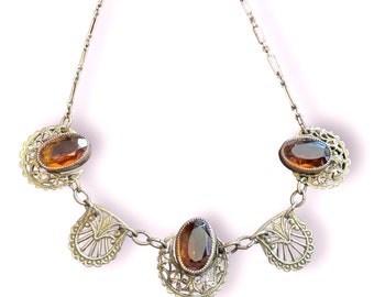 Vintage Brass Filigree & Citrine Czech Crystal Necklace