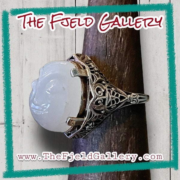 Victorian Sterling Filigree Ring with Carved Moonstone Face Gemstone