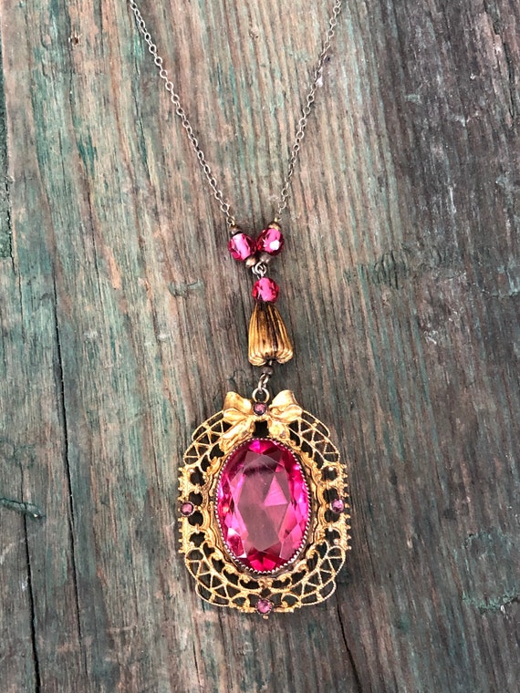 Art Nouveau Gilded Gold Bow Design Bright Pink Cz… - image 3