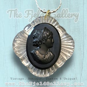 Antique 1920’s Celluloid & Lucite Molded Plastic Black and Clear Mourning Cameo Necklace