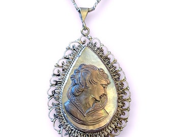 Fine 800 Silver Abalone & Mother of Pearl Carved Cameo Necklace in Filigree Setting