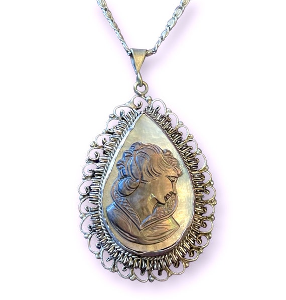 Fine 800 Silver Abalone & Mother of Pearl Carved … - image 1