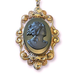 Antique Molded Glass Mourning Cameo Brass Filigree Necklace