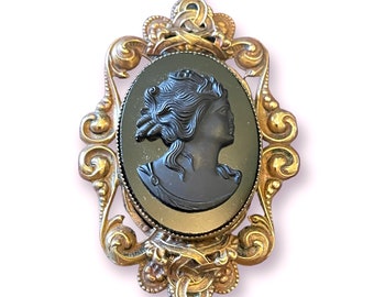 Antique Molded Glass Mourning Cameo Brass Filigree Necklace