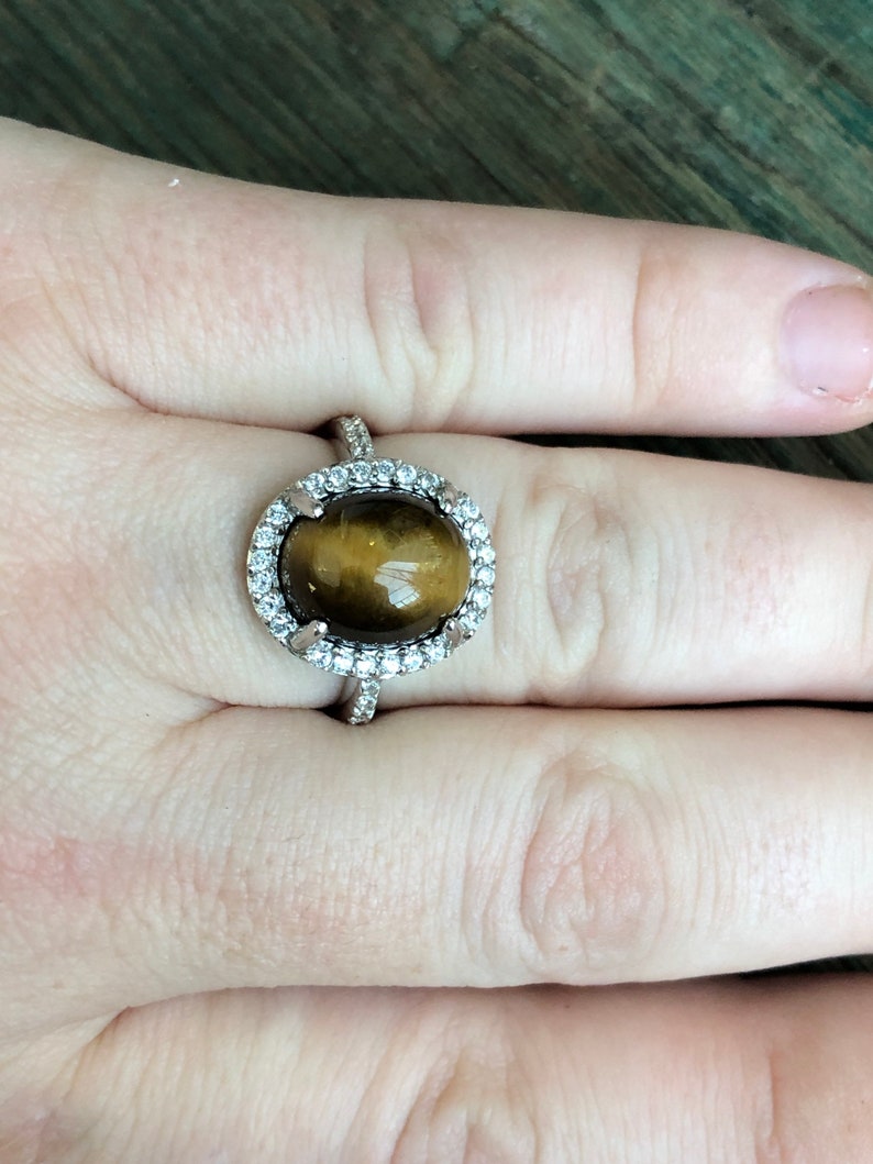 Unique Vintage Tigers Eye Gemstone Surrounded with Prong Set Zircon Sterling Silver Ring