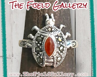 Carnelian & Marcasite Lady Bug Sterling Silver Art Deco Ring