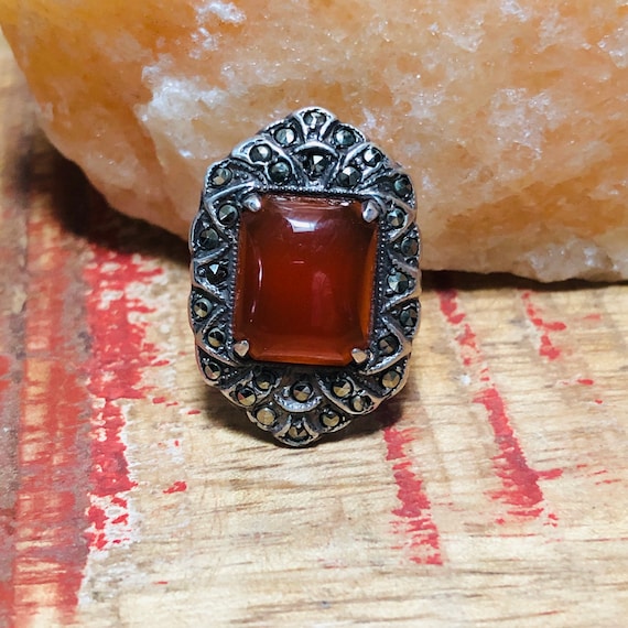 Art Deco Carnelian Sterling Silver & Marcasite Rin