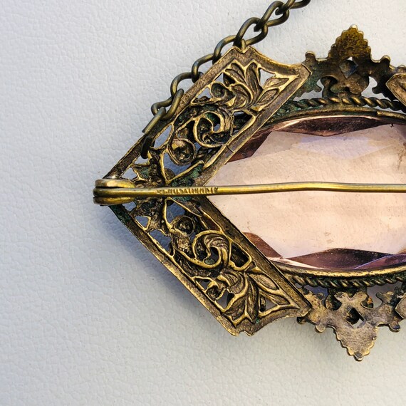 Czechoslovakian Brass Enamel & Pink Faceted Art G… - image 7