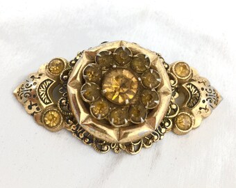 Coro Gold & Citrine Crystal Rhinestone Art Nouveau Style Brooch circa 1950