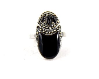 Art Deco Sterling Silver, Marcasite & Onyx Gemstone Gothic Ring