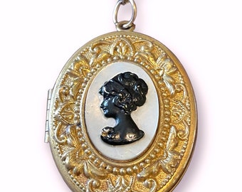 Vintage Mother of Pearl & Black Cameo Gold Embossed Locket Necklace