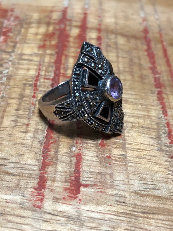 Art Deco Sterling & Marcasite Ring with Onyx an A… - image 2