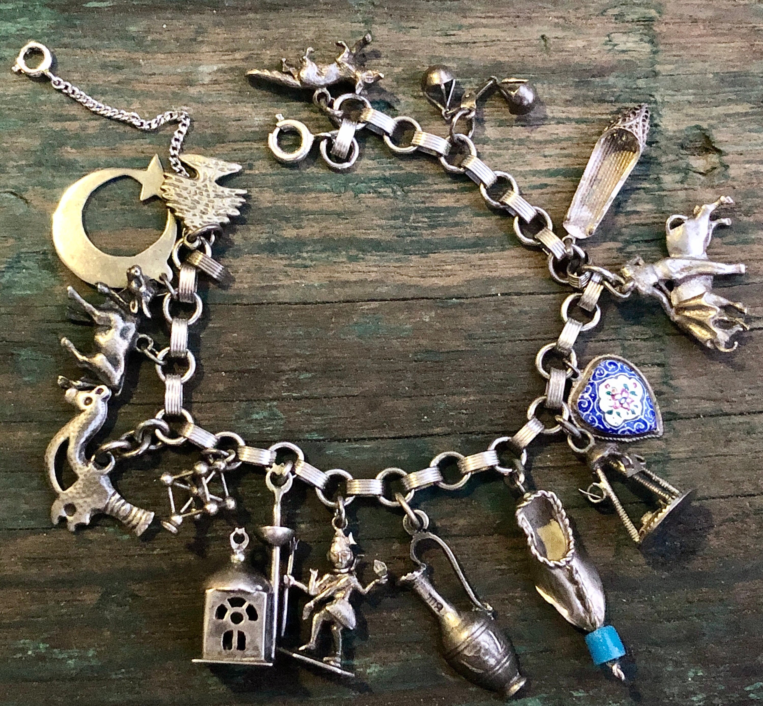 Early Chain Link Silver Plated Charm Bracelet with 24 Charms 1930s + (item  #1373202)