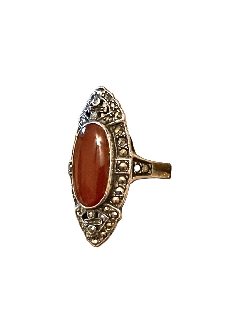 Carnelian & Marcasite Art Deco Sterling Silver and Marcasite Ring image 3