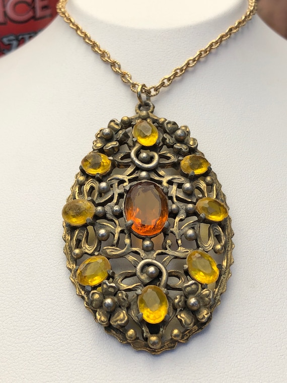 Art Nouveau Brass Citrine Yellow and Orange Cryst… - image 1