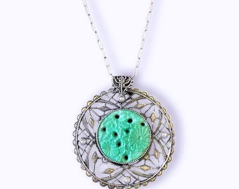 Antique Sterling Silver Filigree, Pearl & Molded Jade Peking Glass Pendant Necklace