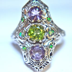 Victorian Revival Sterling Amethyst, Peridot & Green Fire Opal Long Edwardian Filigree Ring