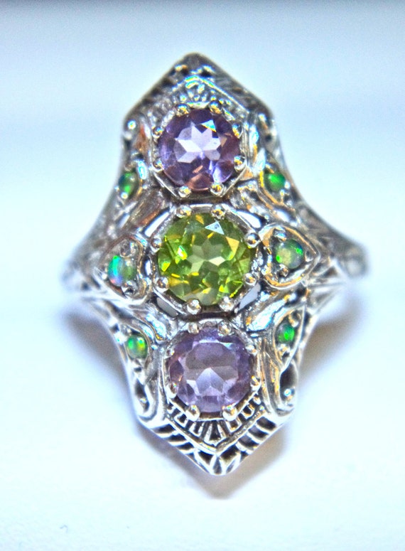 Victorian Revival Sterling Amethyst, Peridot & Gre