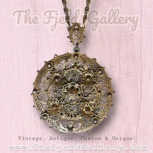 Vintage Indo Craft Designer Art Nouveau Brass Filigree Necklace