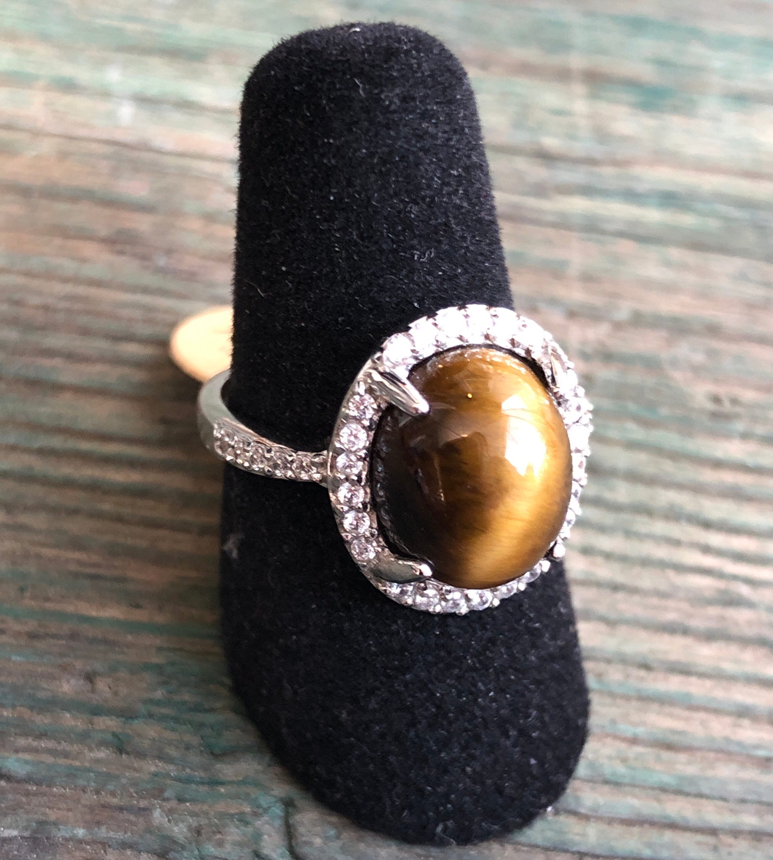 Unique Vintage Tigers Eye Gemstone Surrounded with Prong Set Zircon Sterling Silver Ring