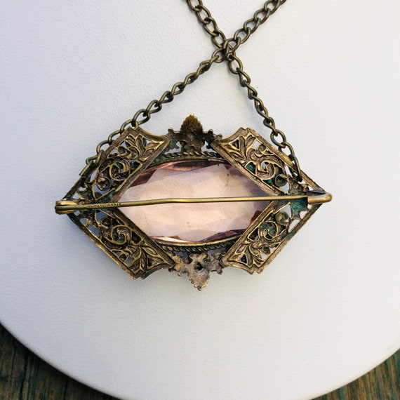 Czechoslovakian Brass Enamel & Pink Faceted Art G… - image 8