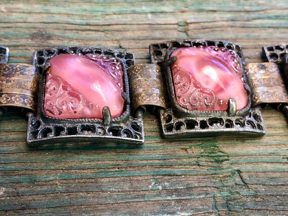 Pink Marbled Cat Eye Molded Glass with Silver Lea… - image 5
