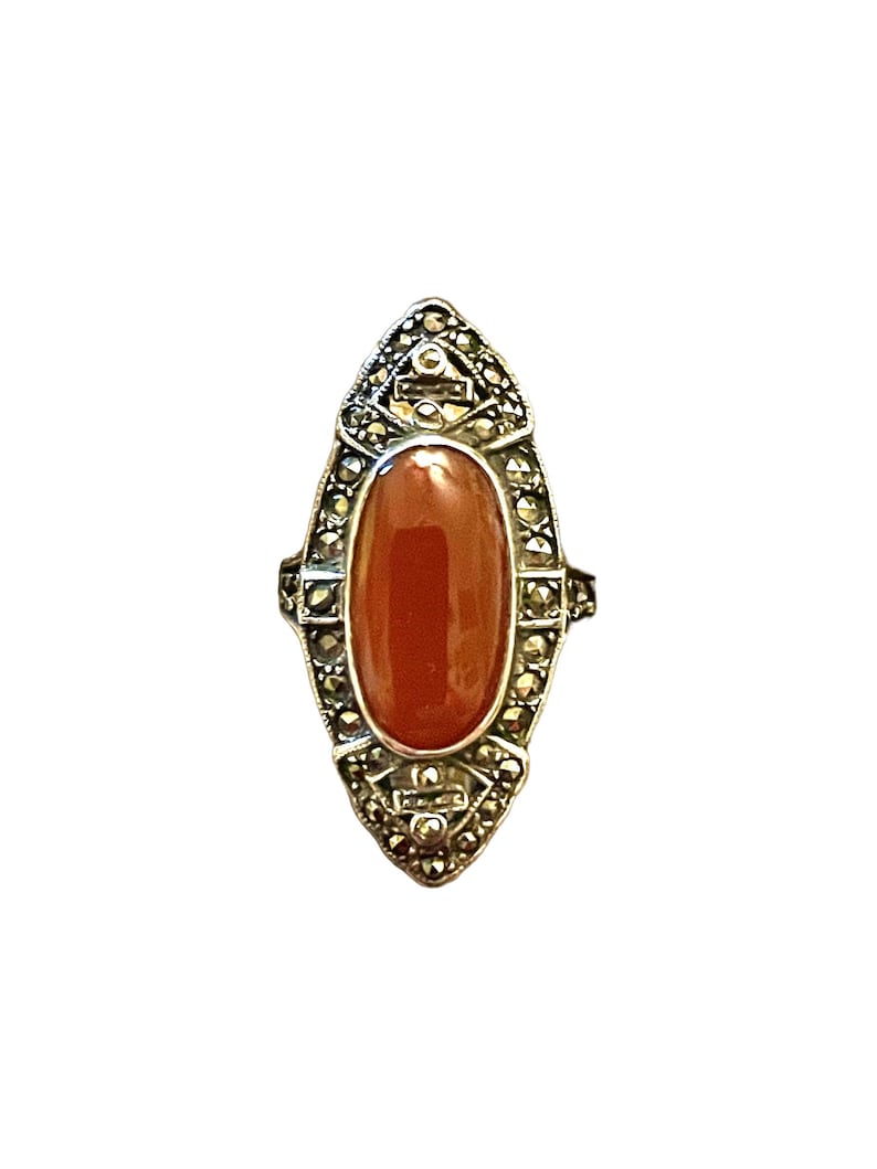 Carnelian & Marcasite Art Deco Sterling Silver and Marcasite Ring image 1