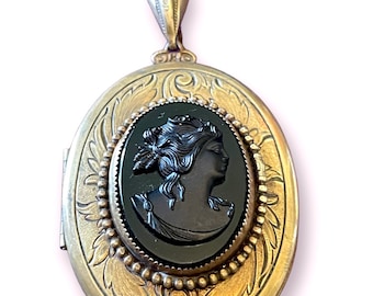 Vintage Brass Engraved Black Glass Mourning Cameo Locket