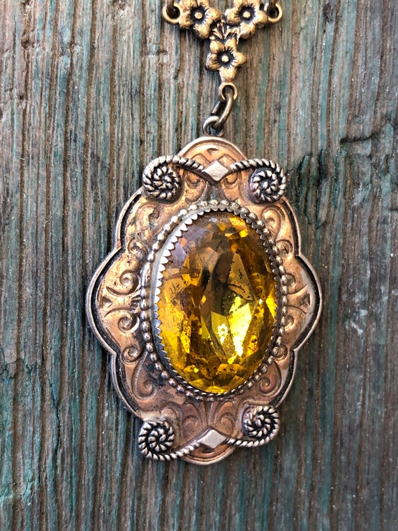 Antique Art Nouveau Gilded Brass & Czech Citrine … - image 1