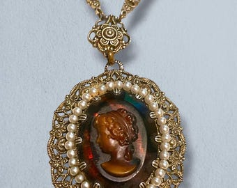 West German Amber Art Glass Cameo, Pearl Brass Filigree Necklace