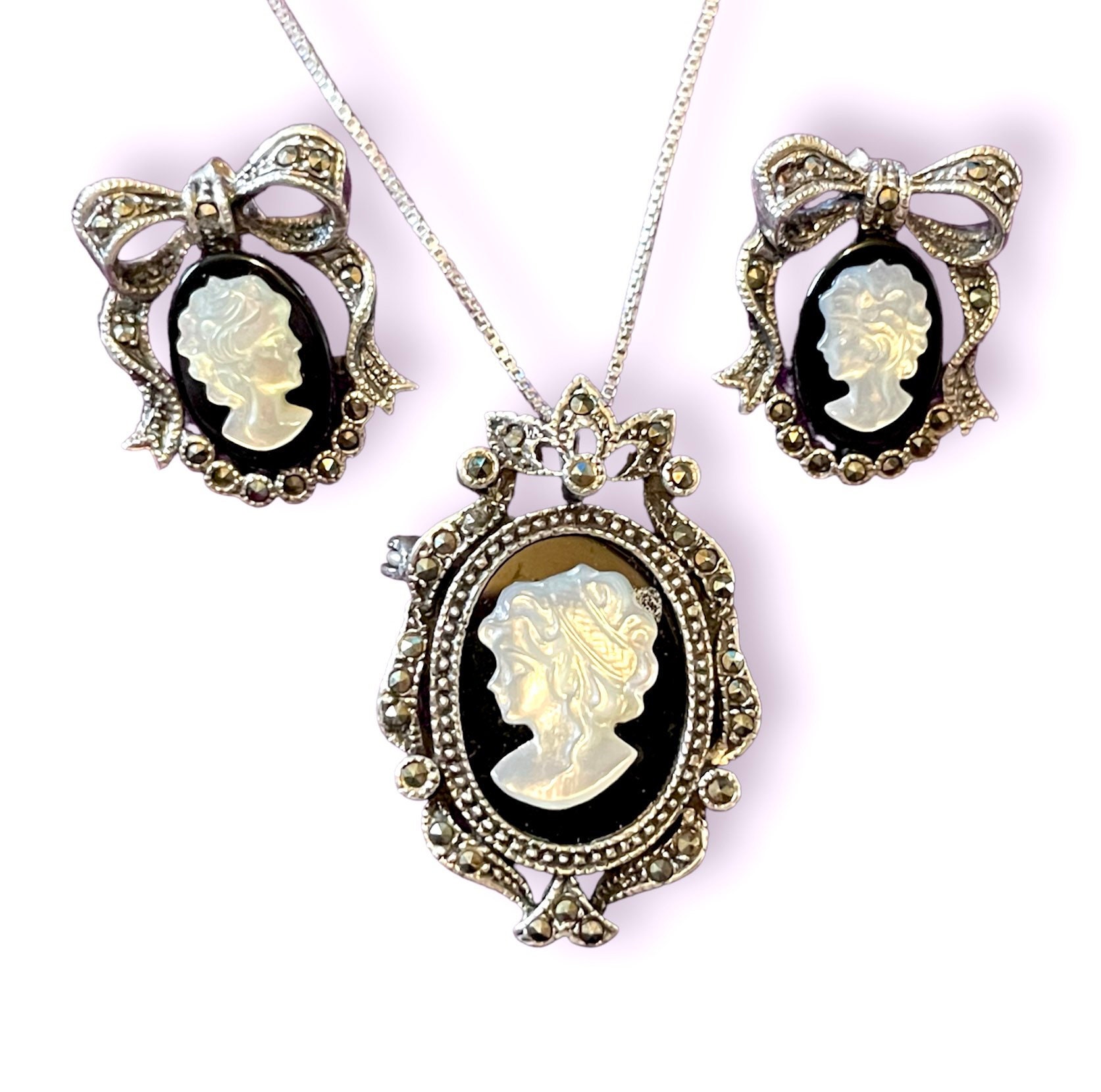 アクセサリー Cameo pendant and earrings Sterling Marcasite Cameo Earrings - Etsy