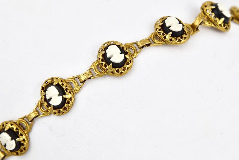 Victorian Vermille Mourning Cameo Black /& White Molded Glass in Sterling Link Bracelet